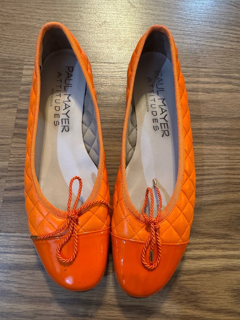 Paul Mayer Orange Quilted Ballet Flats with Patent Toe